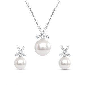 STERLING SILVER WHITE PEARL WITH X SHAPE CZ SET